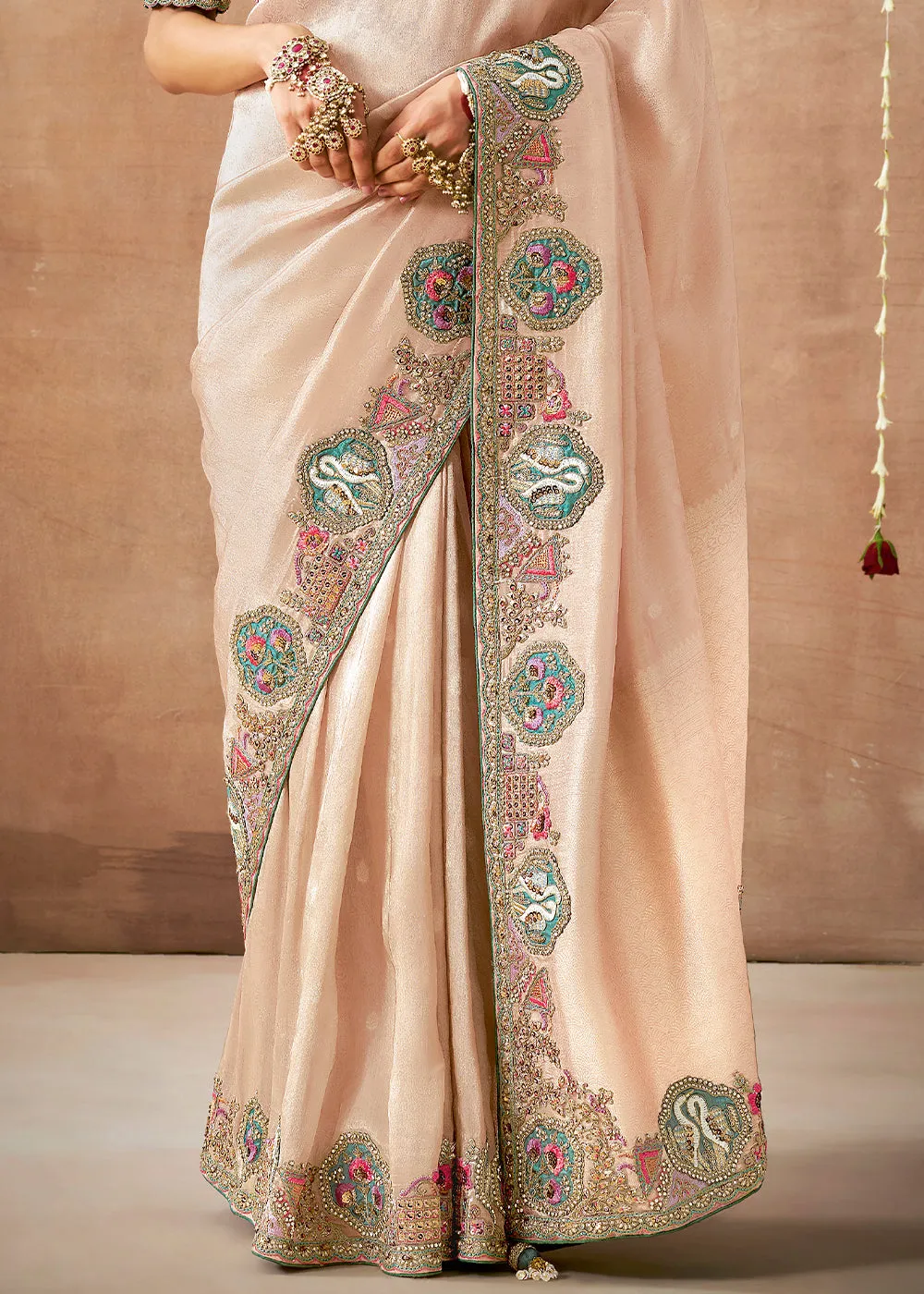 Delight Pink Woven Embroidered Designer Tissue Silk Saree