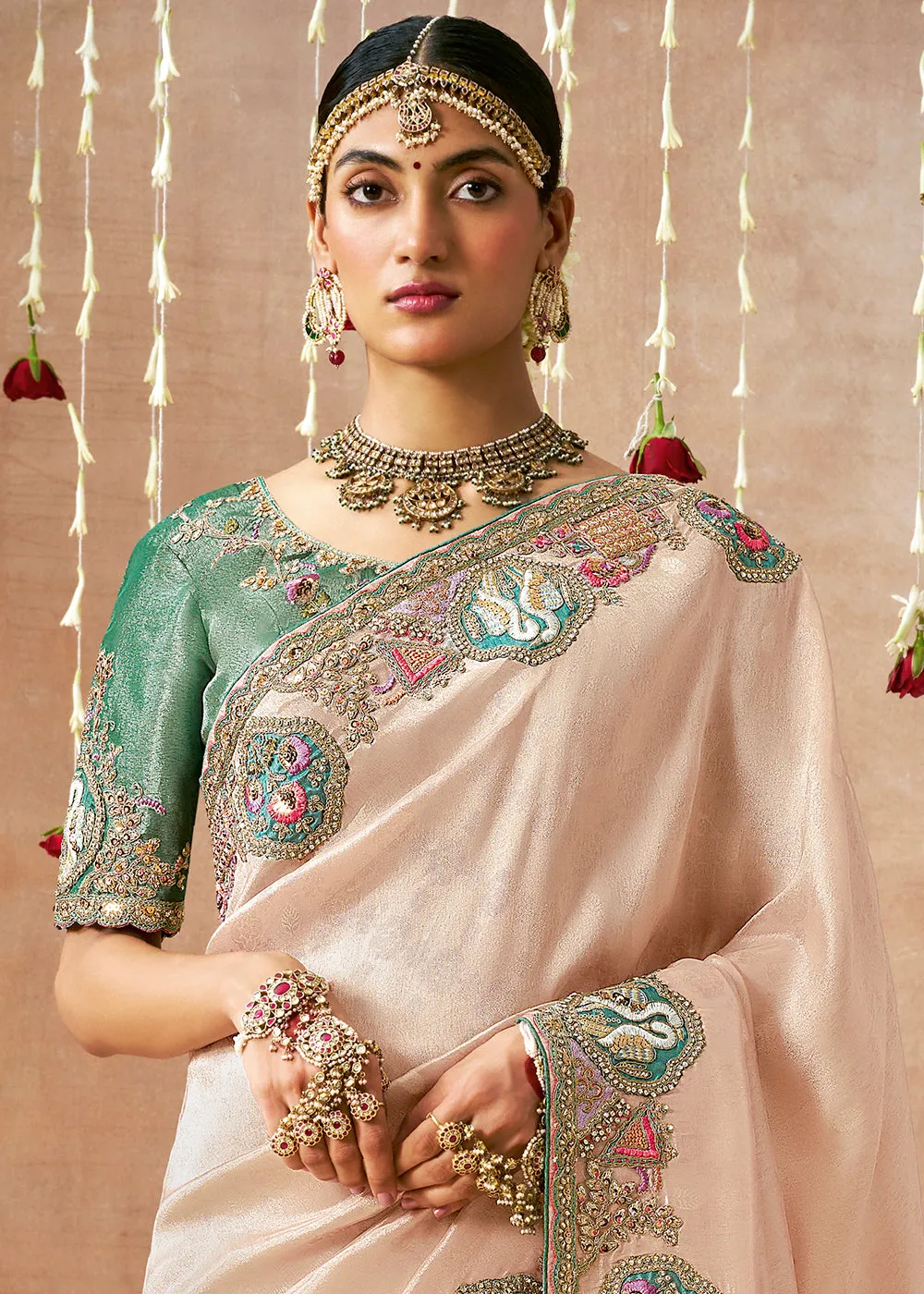 Delight Pink Woven Embroidered Designer Tissue Silk Saree