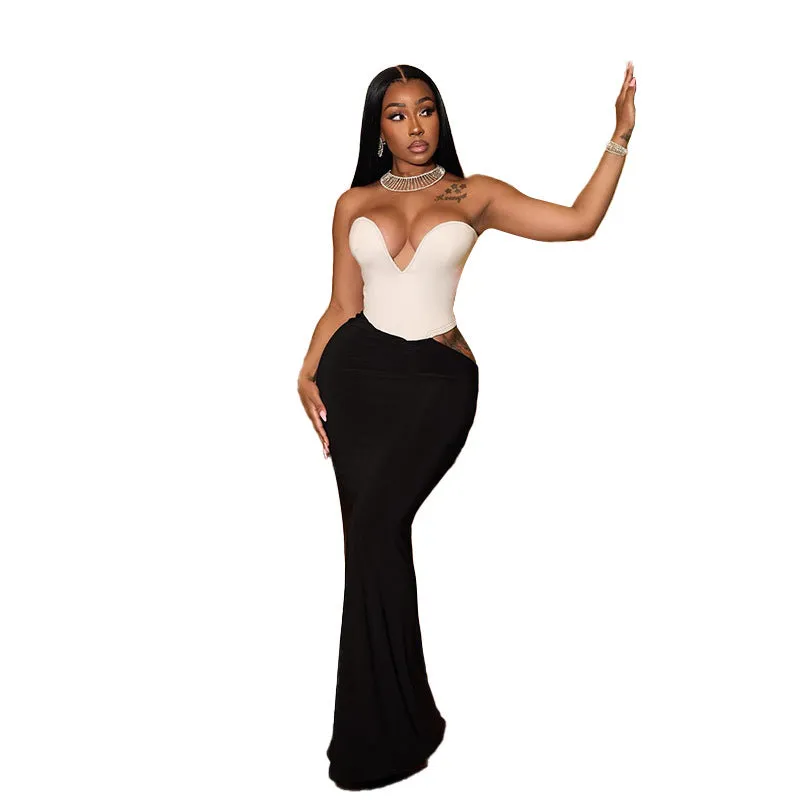 Dramatic Deep V Contrast Patchwork Mermaid Maxi Dress