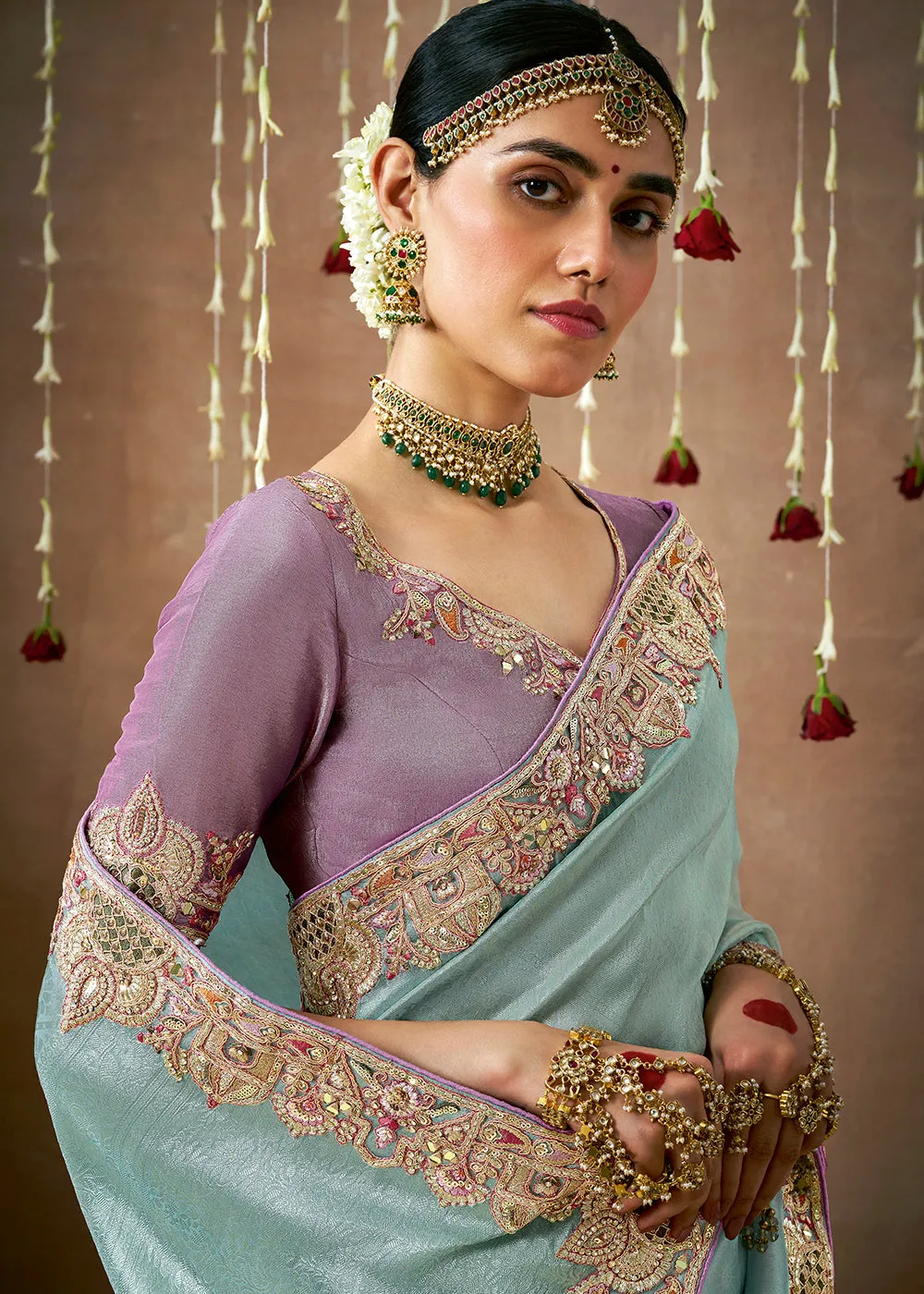 Dusky Blue Woven Embroidered Designer Tissue Silk Saree