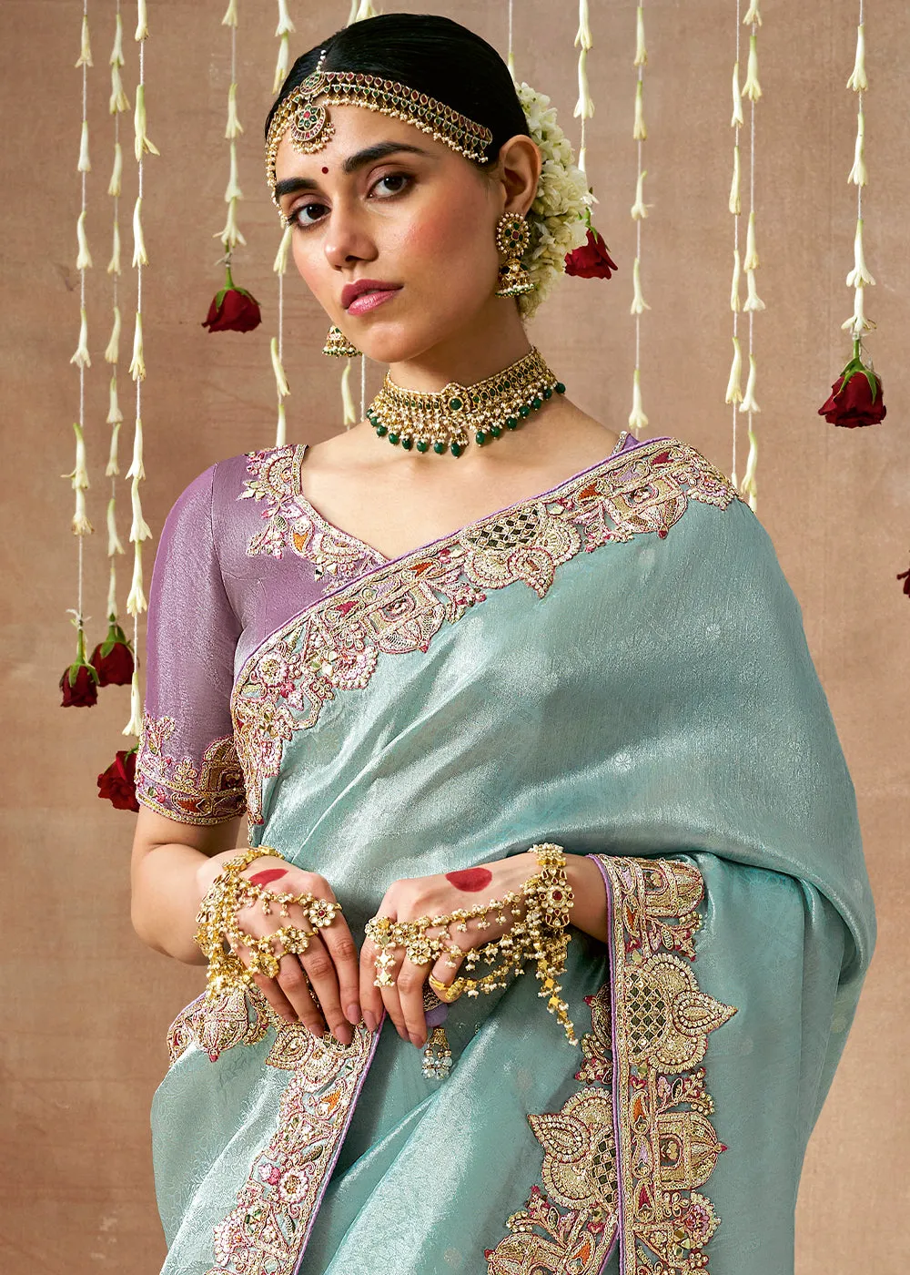 Dusky Blue Woven Embroidered Designer Tissue Silk Saree