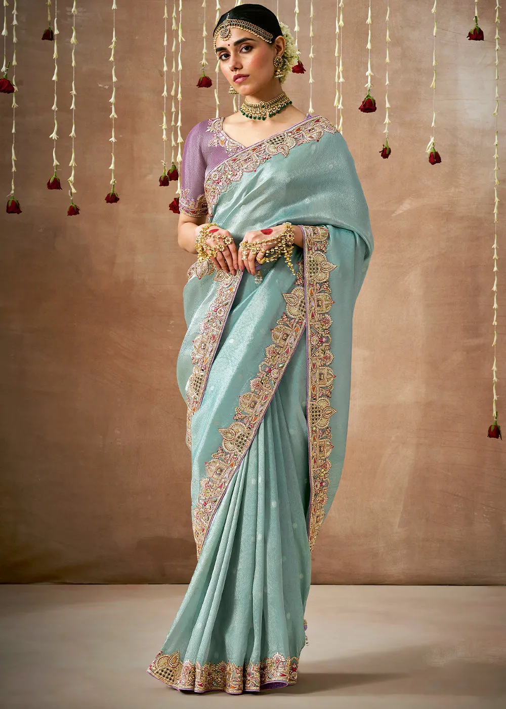 Dusky Blue Woven Embroidered Designer Tissue Silk Saree