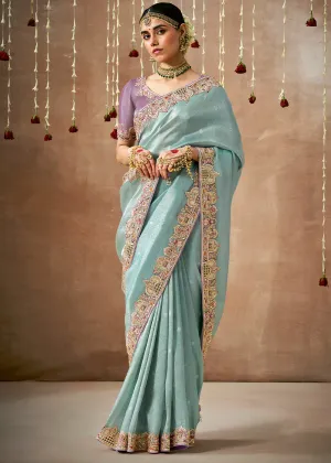 Dusky Blue Woven Embroidered Designer Tissue Silk Saree