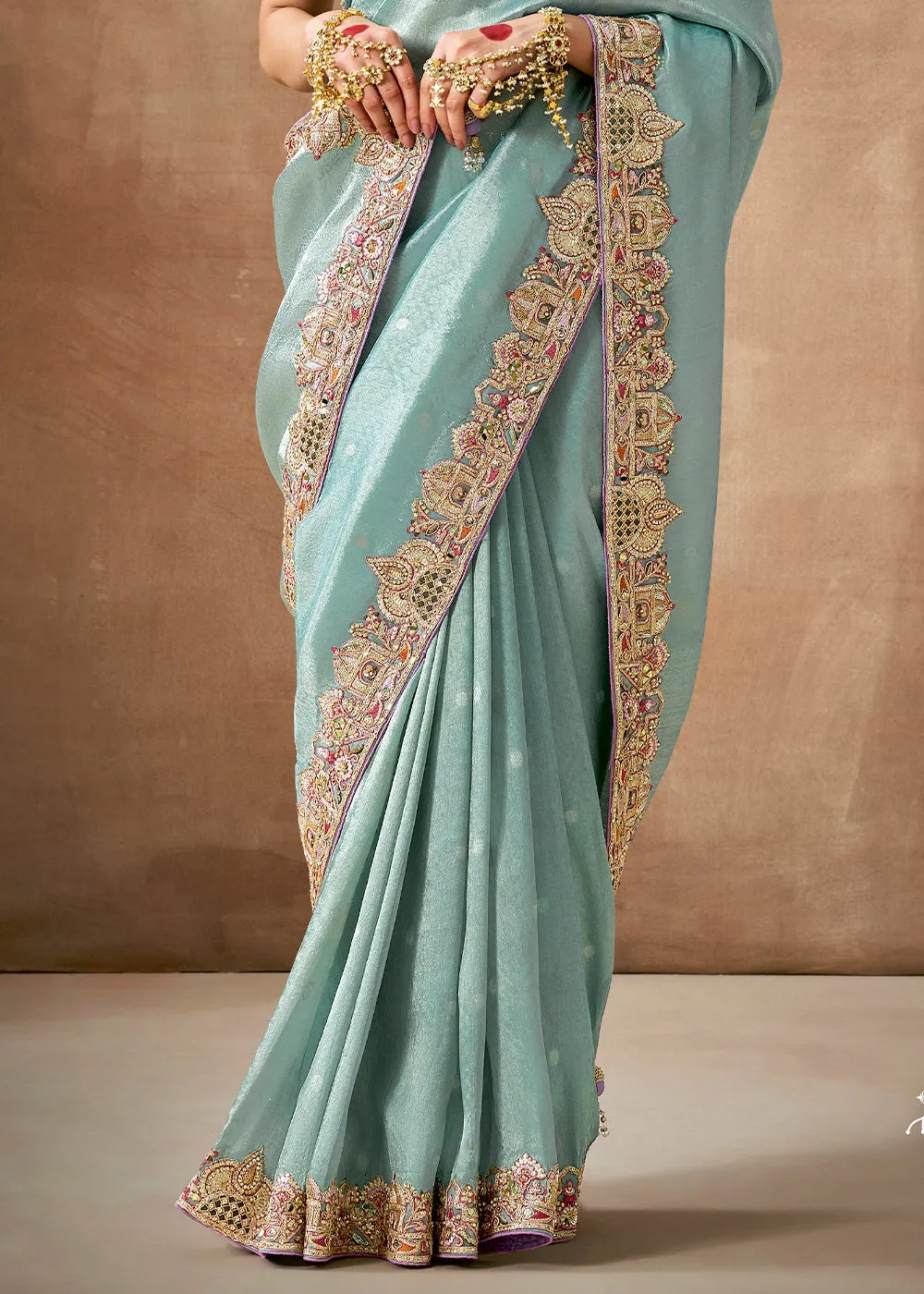 Dusky Blue Woven Embroidered Designer Tissue Silk Saree