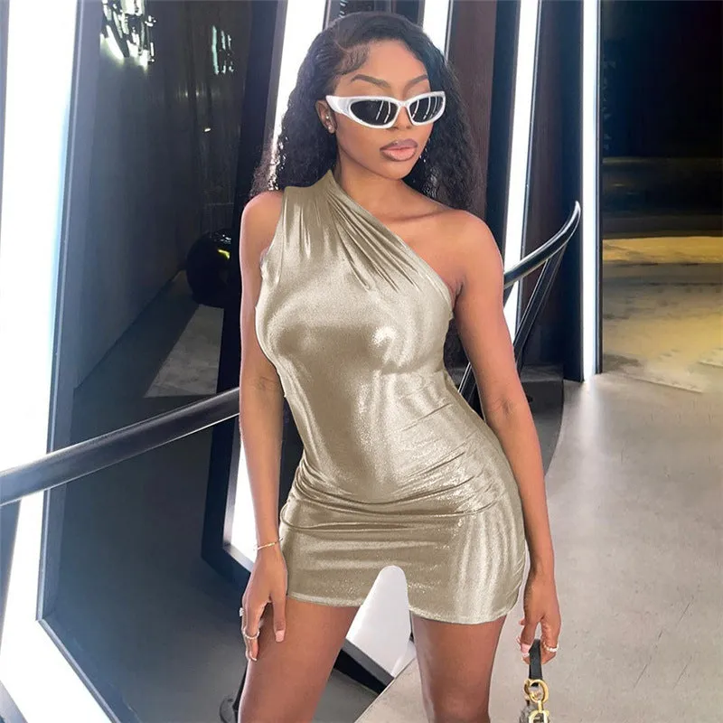 Edgy One-Shoulder High-Shine Bodycon Mini Dress for Fierce Glamour