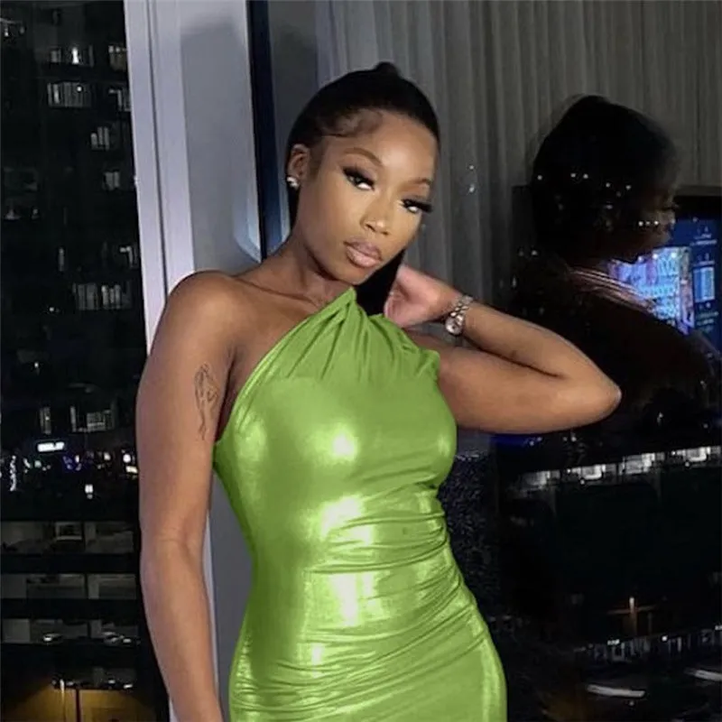 Edgy One-Shoulder High-Shine Bodycon Mini Dress for Fierce Glamour