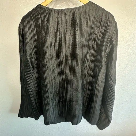 Eileen Fisher Stitched Crinkle Silk Black Jacket 2X plus size Blazer leather