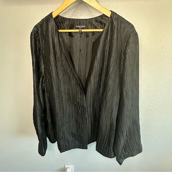 Eileen Fisher Stitched Crinkle Silk Black Jacket 2X plus size Blazer leather