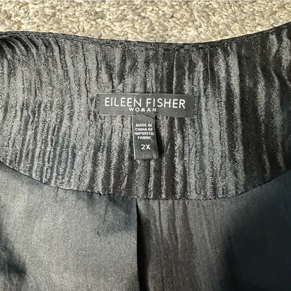 Eileen Fisher Stitched Crinkle Silk Black Jacket 2X plus size Blazer leather