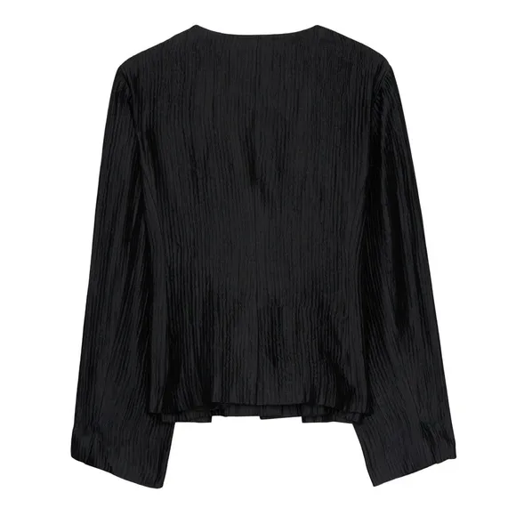 Eileen Fisher Stitched Crinkle Silk Black Jacket 2X plus size Blazer leather