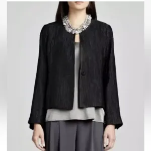 Eileen Fisher Stitched Crinkle Silk Black Jacket 2X plus size Blazer leather