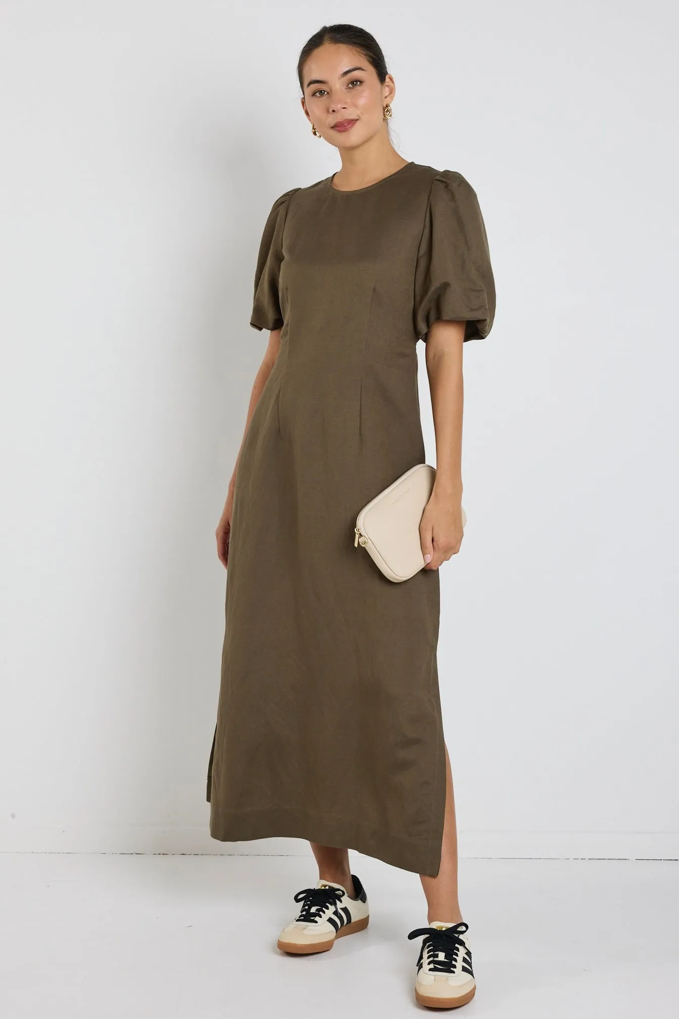 Elder Khaki Linen Blend Puff Sleeve Midi Dress