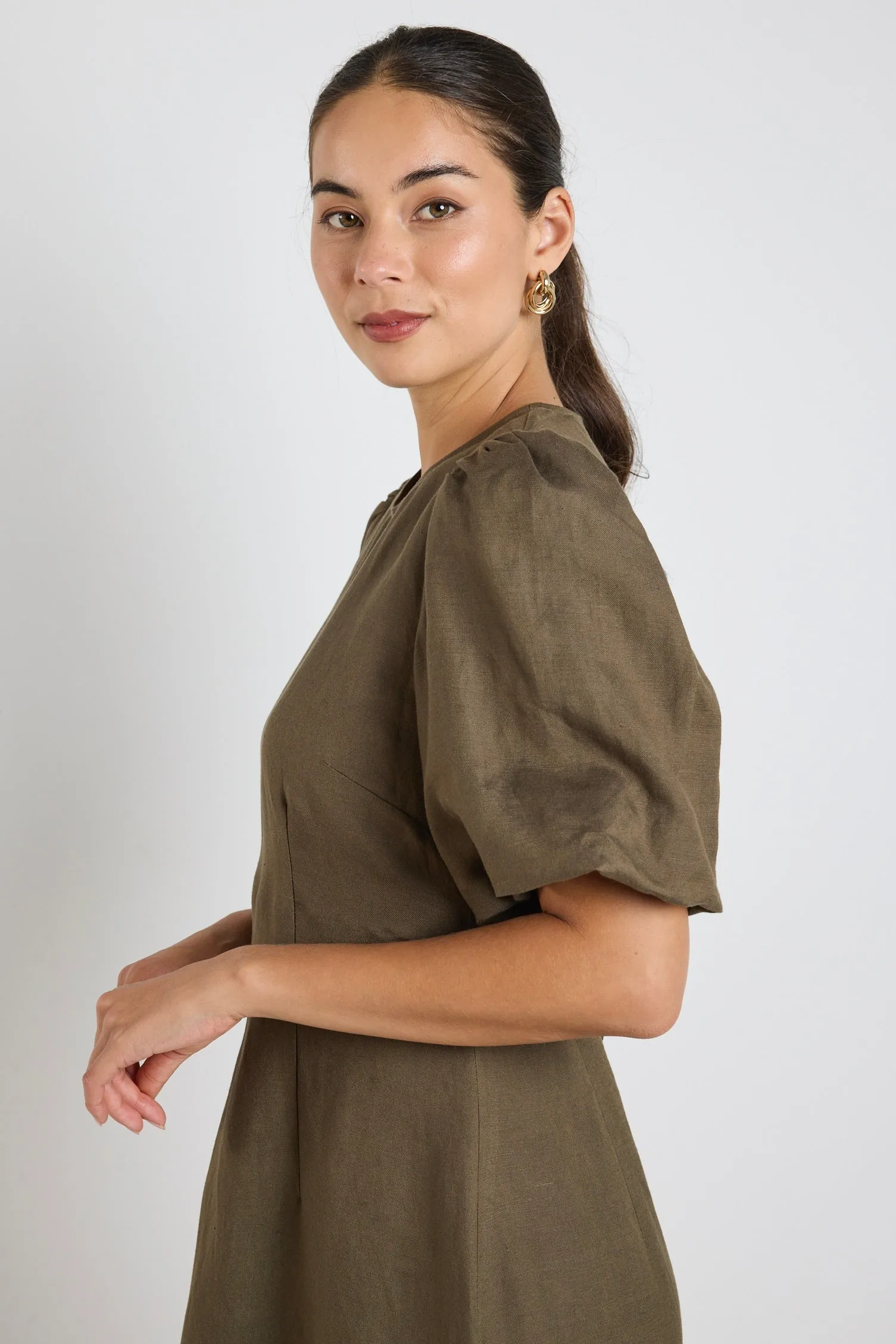 Elder Khaki Linen Blend Puff Sleeve Midi Dress