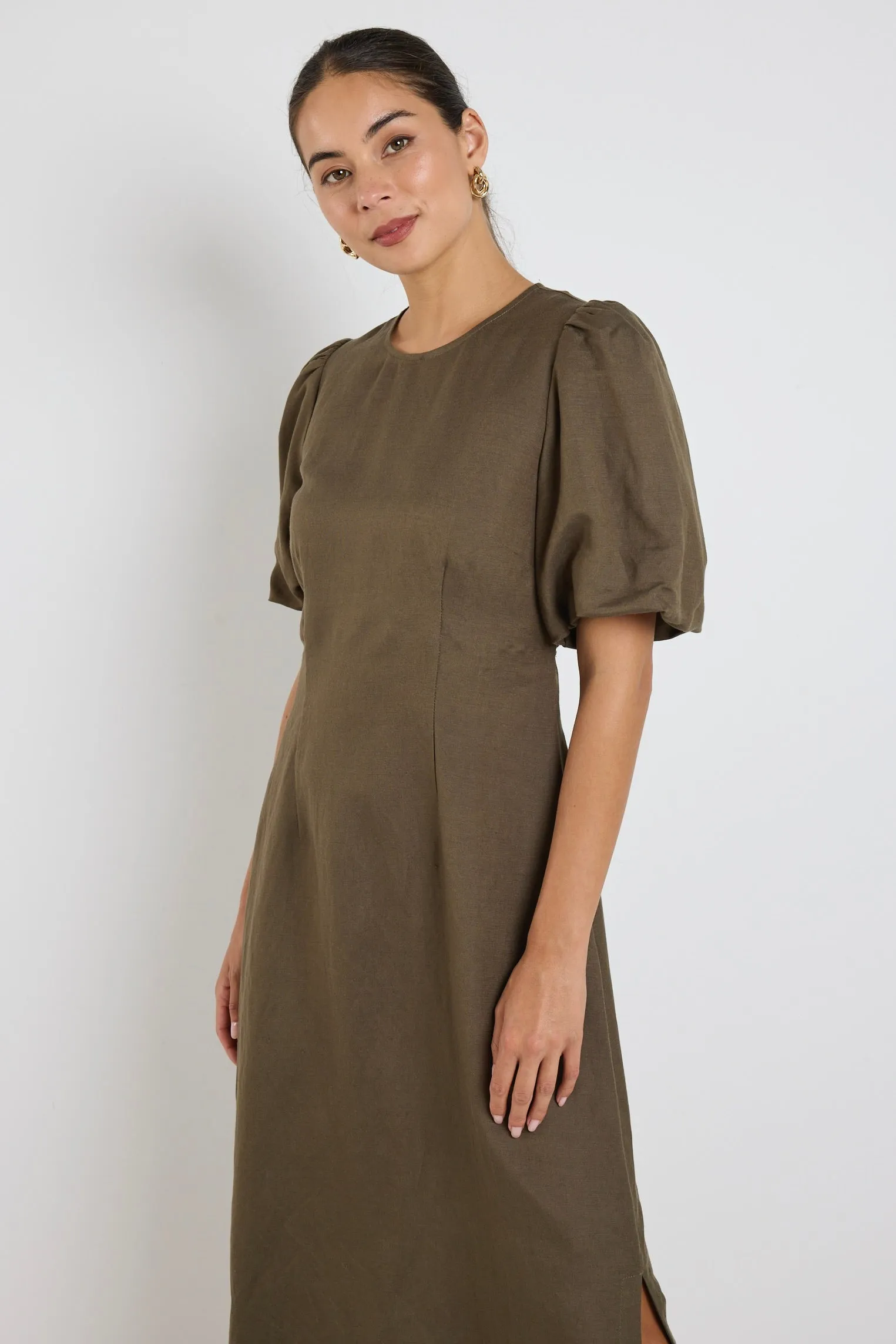 Elder Khaki Linen Blend Puff Sleeve Midi Dress
