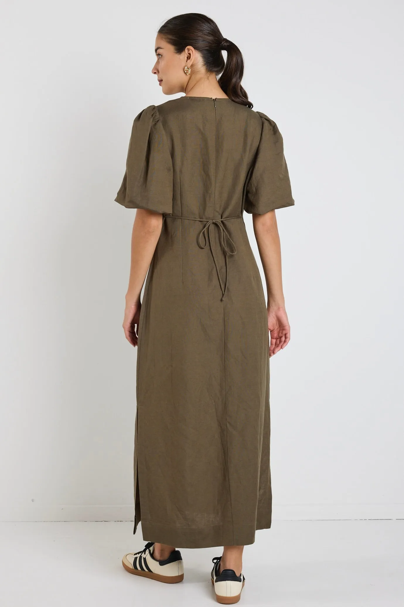 Elder Khaki Linen Blend Puff Sleeve Midi Dress