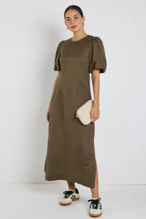 Elder Khaki Linen Blend Puff Sleeve Midi Dress