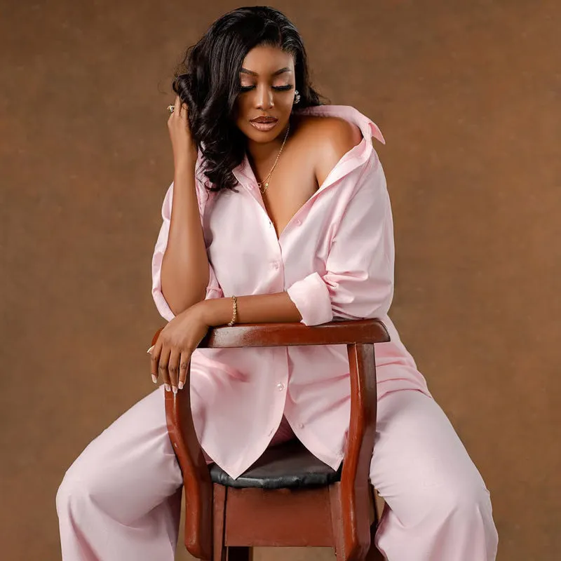 Elegant Relaxed-Fit Button-Up Shirt and Wide-Leg Pants Two-Piece Set