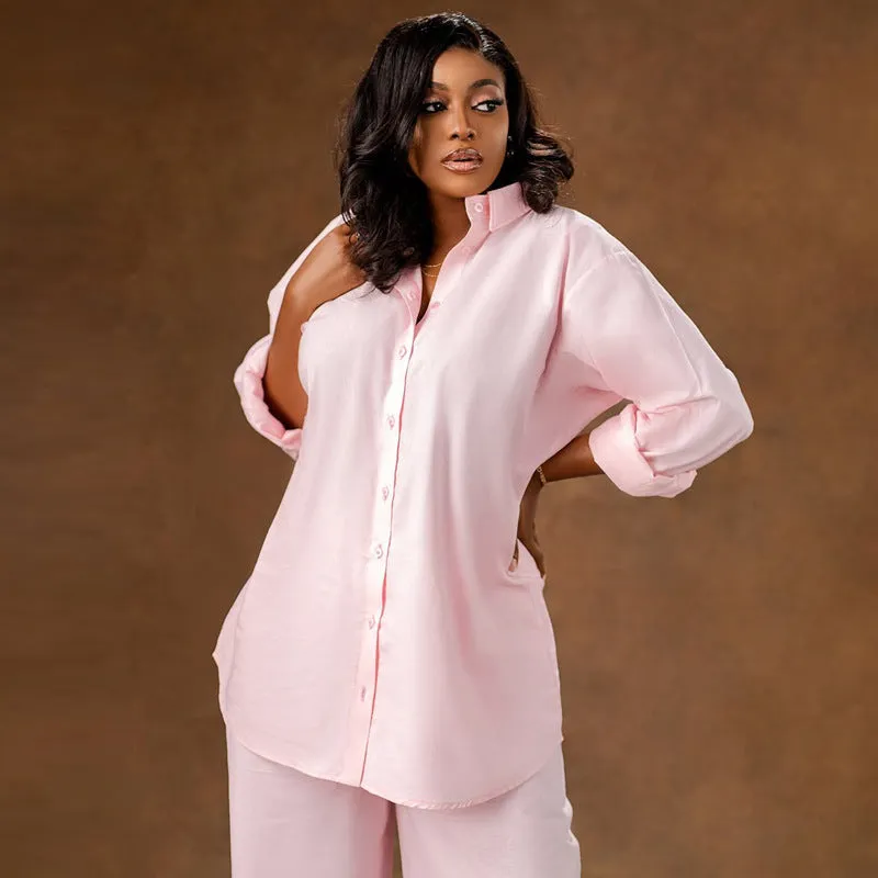 Elegant Relaxed-Fit Button-Up Shirt and Wide-Leg Pants Two-Piece Set