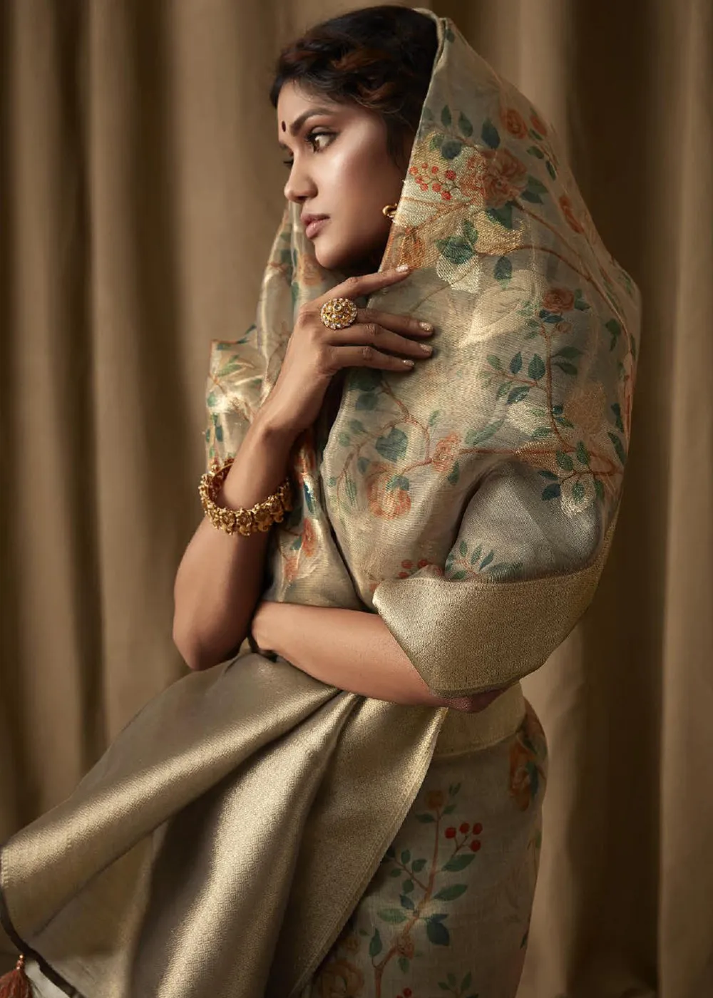Fern Green Woven Banarasi Brocade Tissue Silk Saree With Floral Print