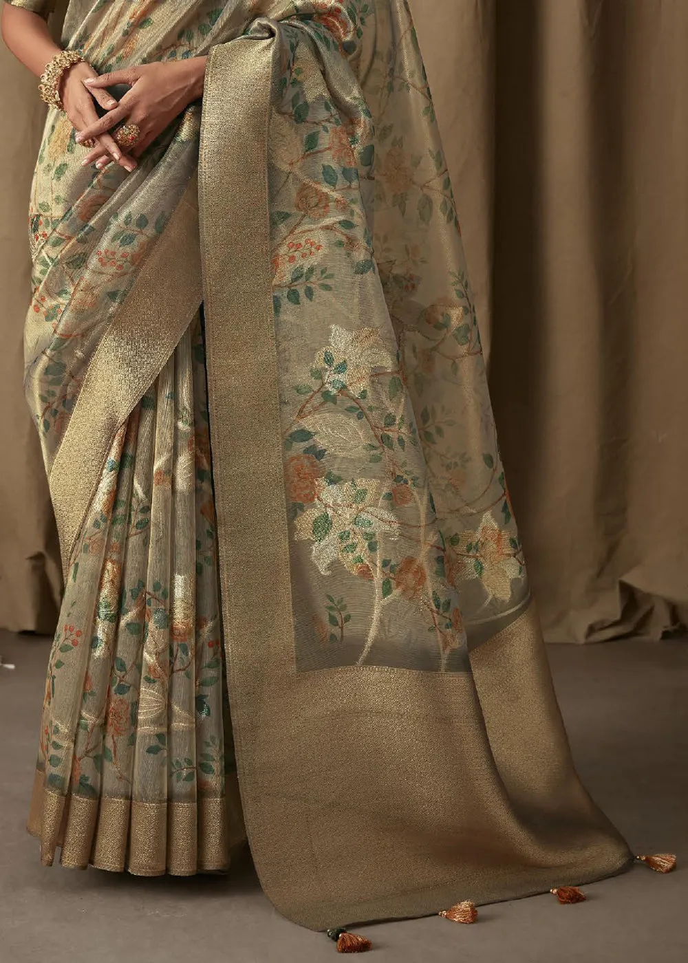 Fern Green Woven Banarasi Brocade Tissue Silk Saree With Floral Print