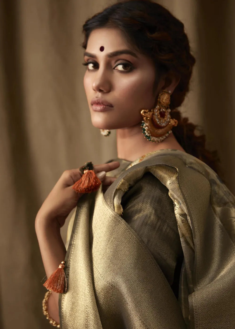 Fern Green Woven Banarasi Brocade Tissue Silk Saree With Floral Print