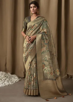Fern Green Woven Banarasi Brocade Tissue Silk Saree With Floral Print
