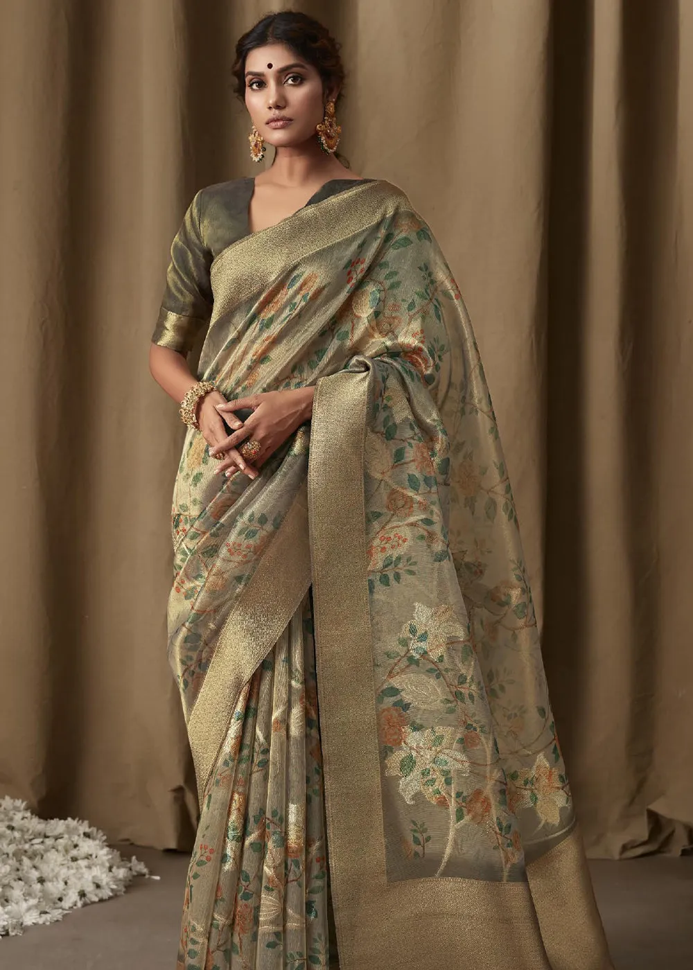 Fern Green Woven Banarasi Brocade Tissue Silk Saree With Floral Print