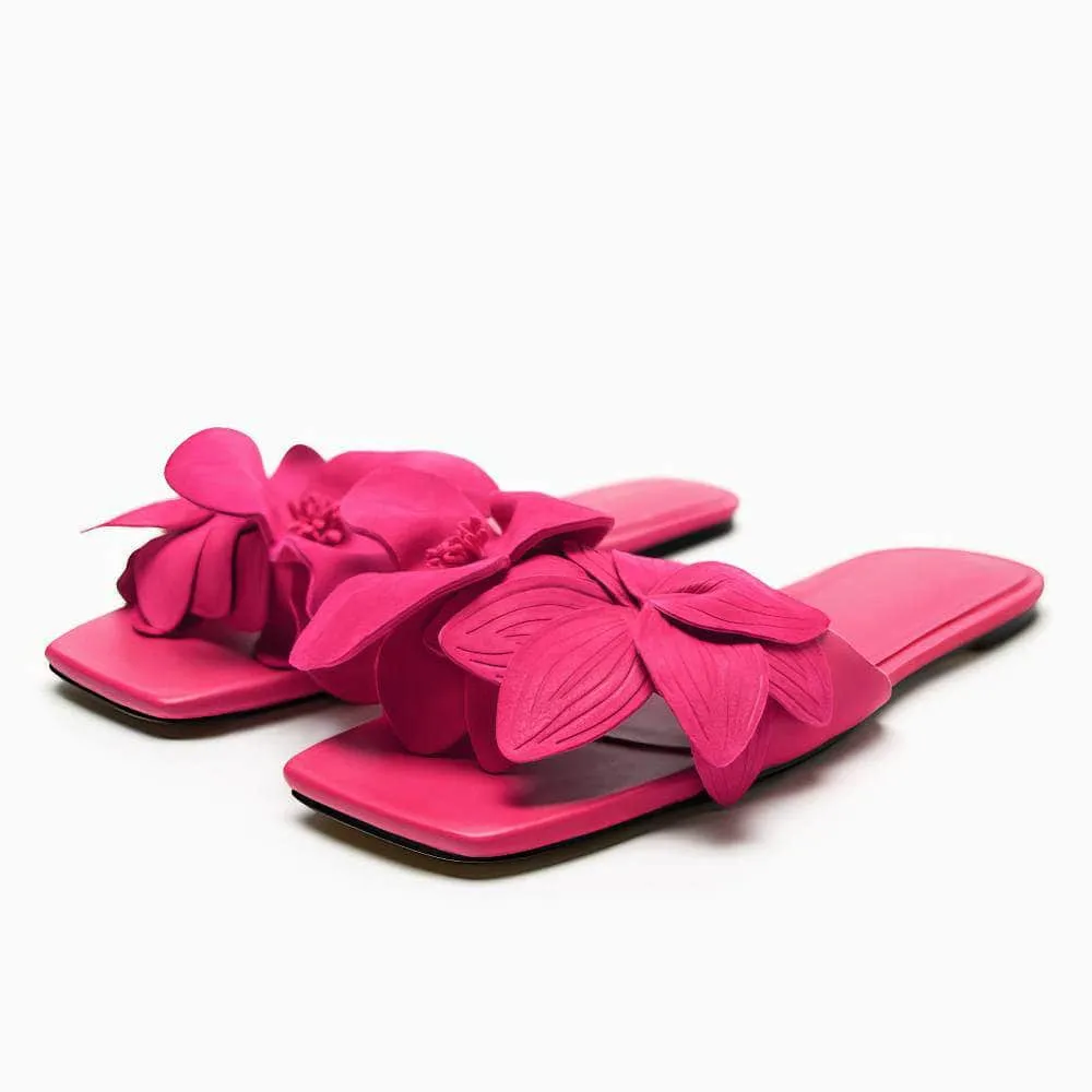 Floral Decor Open Toe Flat Mules
