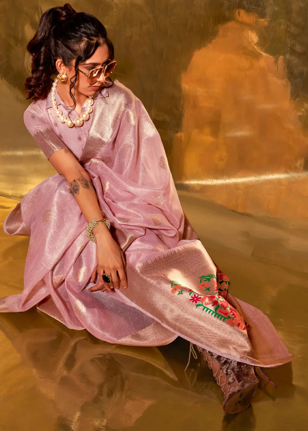Gajari Pink Woven Banarasi Tissue Silk Saree