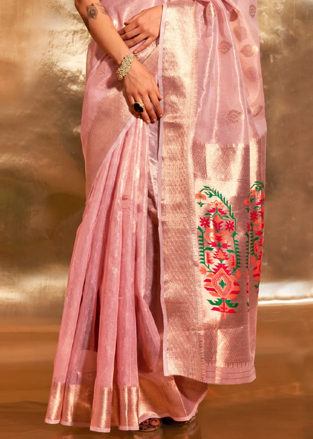 Gajari Pink Woven Banarasi Tissue Silk Saree