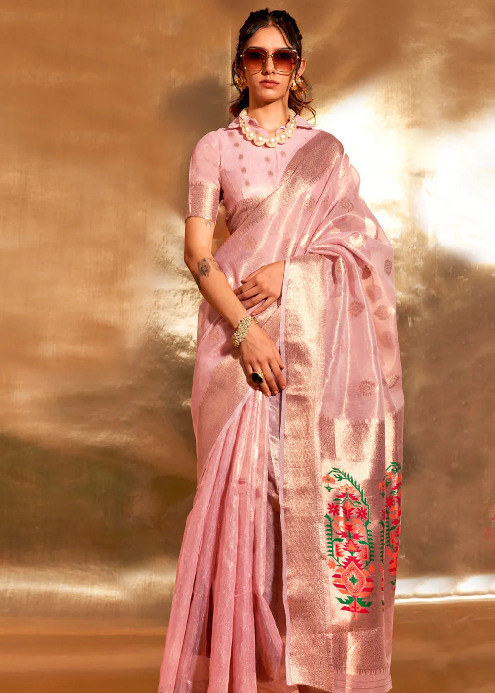 Gajari Pink Woven Banarasi Tissue Silk Saree