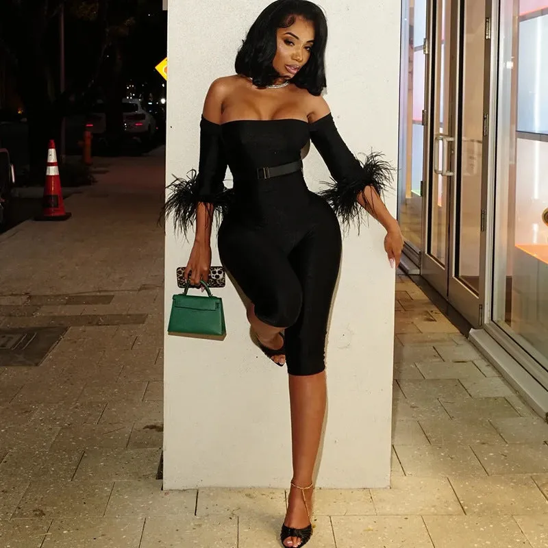 Glamorous Off-Shoulder Feather Trim Bodycon Jumpsuit for Bold Elegance