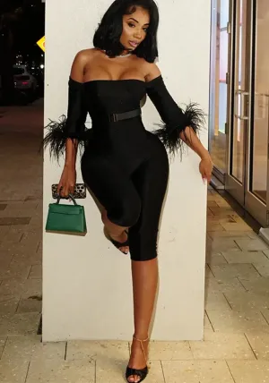 Glamorous Off-Shoulder Feather Trim Bodycon Jumpsuit for Bold Elegance