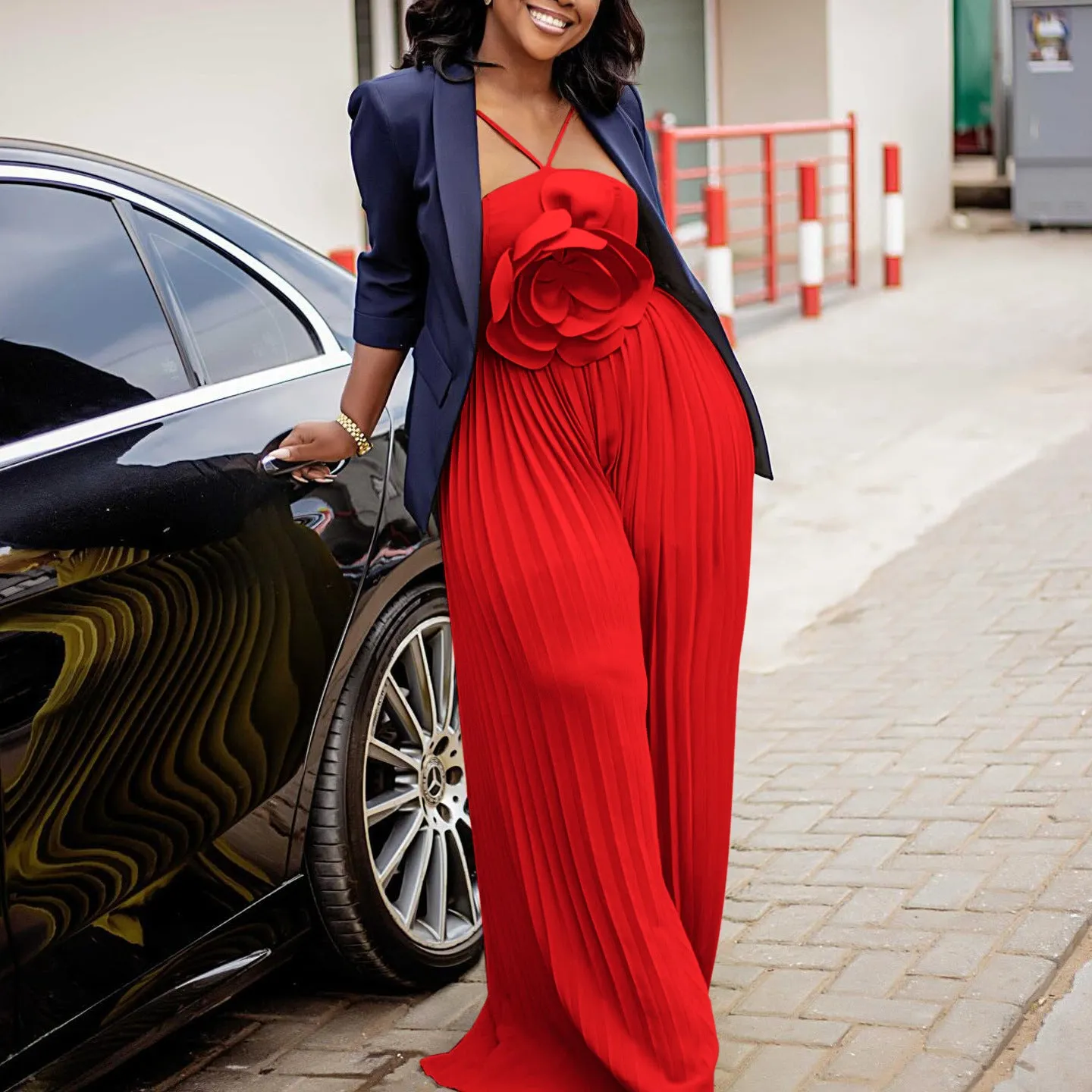 Glamorous Pleated Wide-Leg Jumpsuit With Oversized Flower Detail