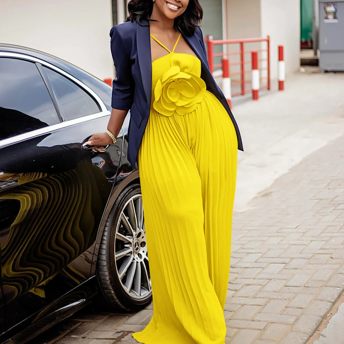 Glamorous Pleated Wide-Leg Jumpsuit With Oversized Flower Detail