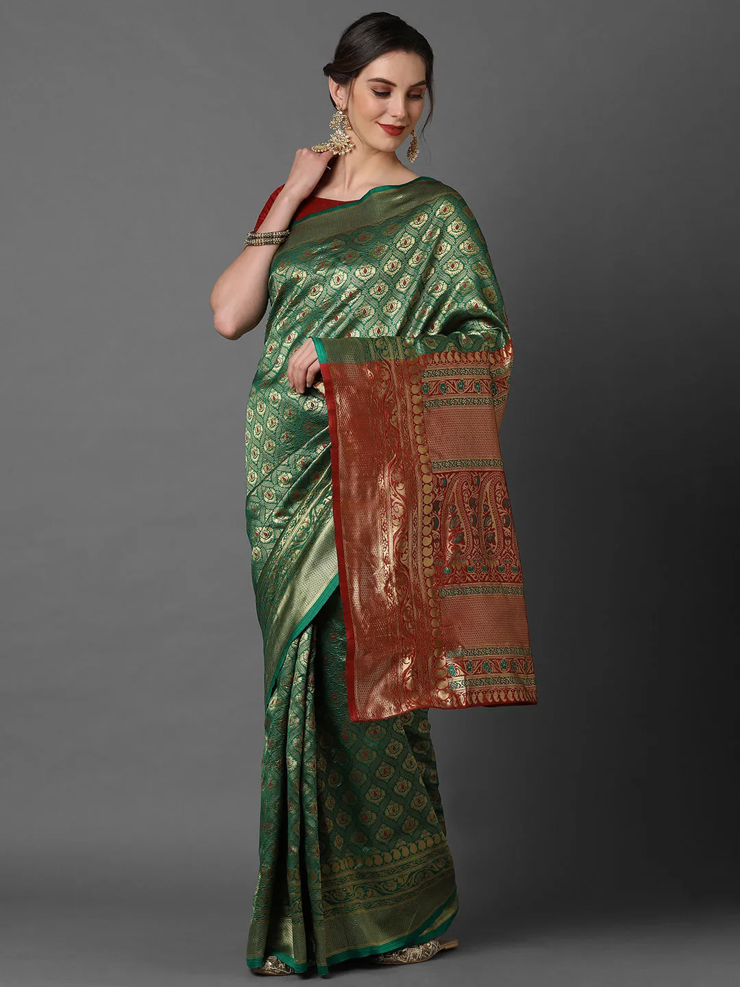 Golden Green Woven Kanjivaram Saree