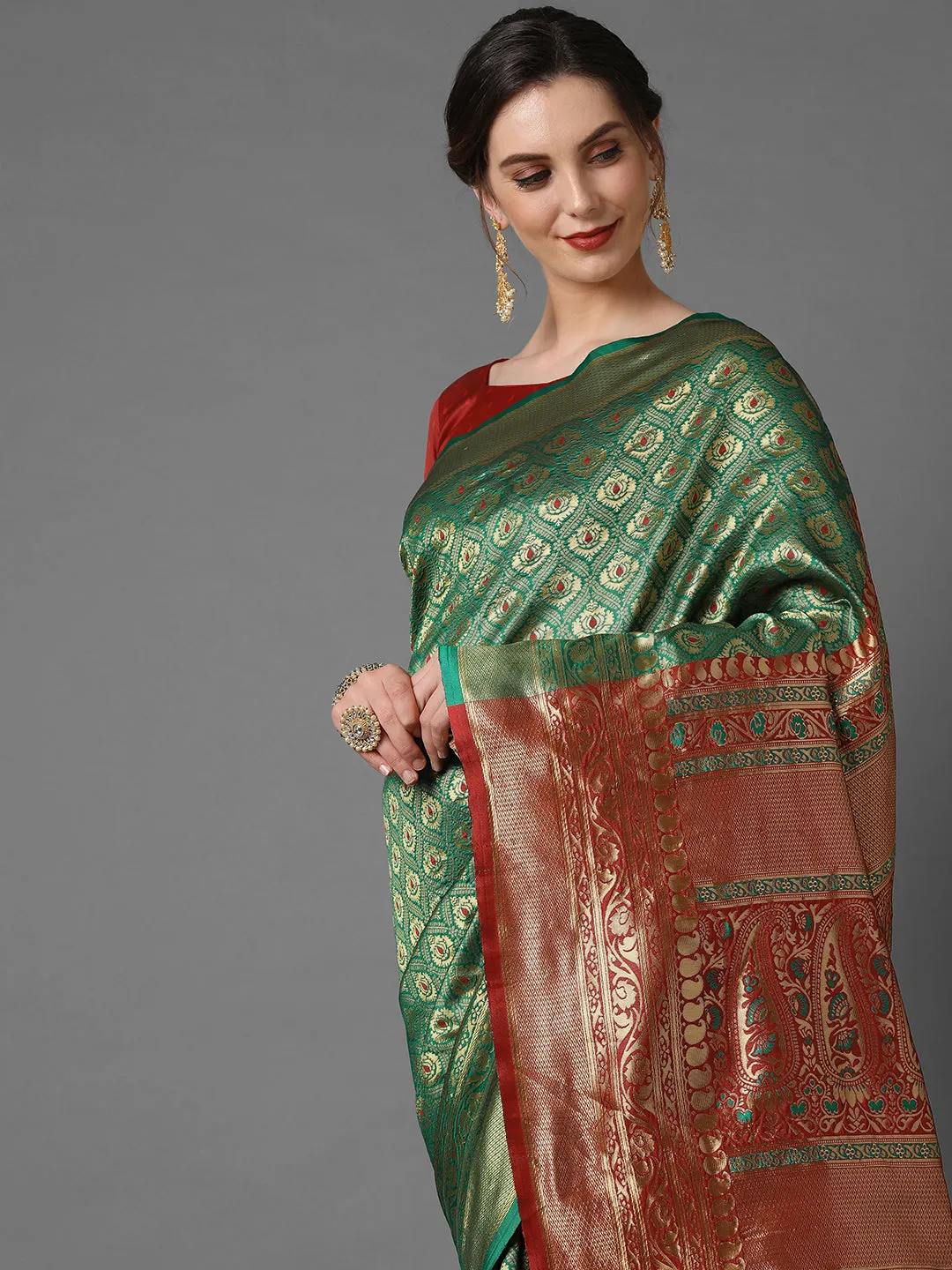 Golden Green Woven Kanjivaram Saree