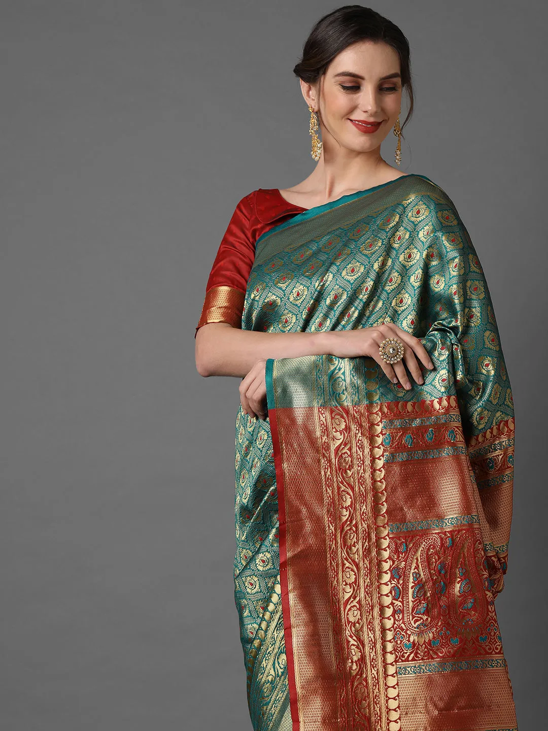 GOLDEN SEA GREEN WOVEN KANJIVARAM SAREE