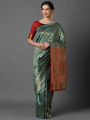 GOLDEN SEA GREEN WOVEN KANJIVARAM SAREE