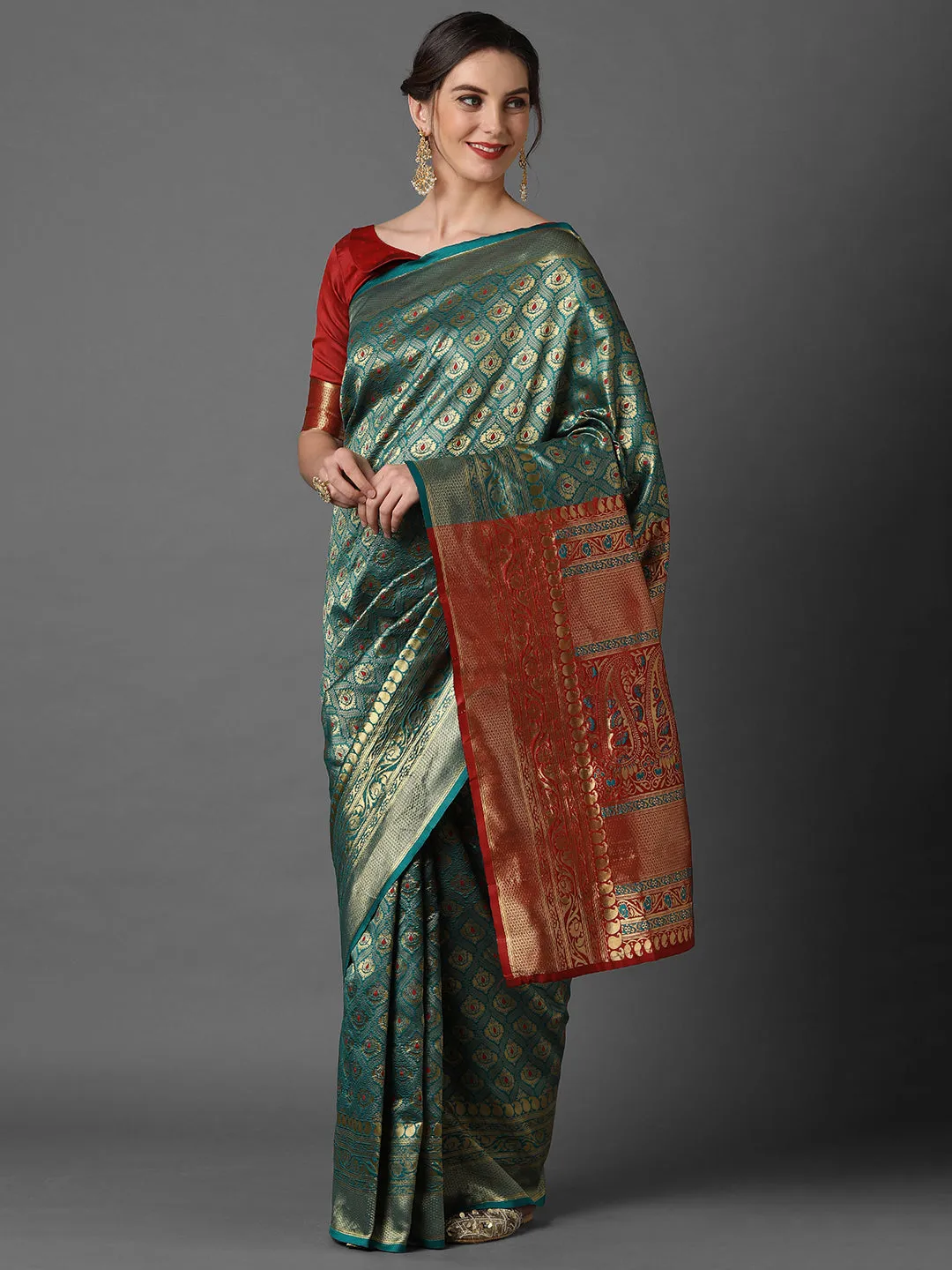 GOLDEN SEA GREEN WOVEN KANJIVARAM SAREE