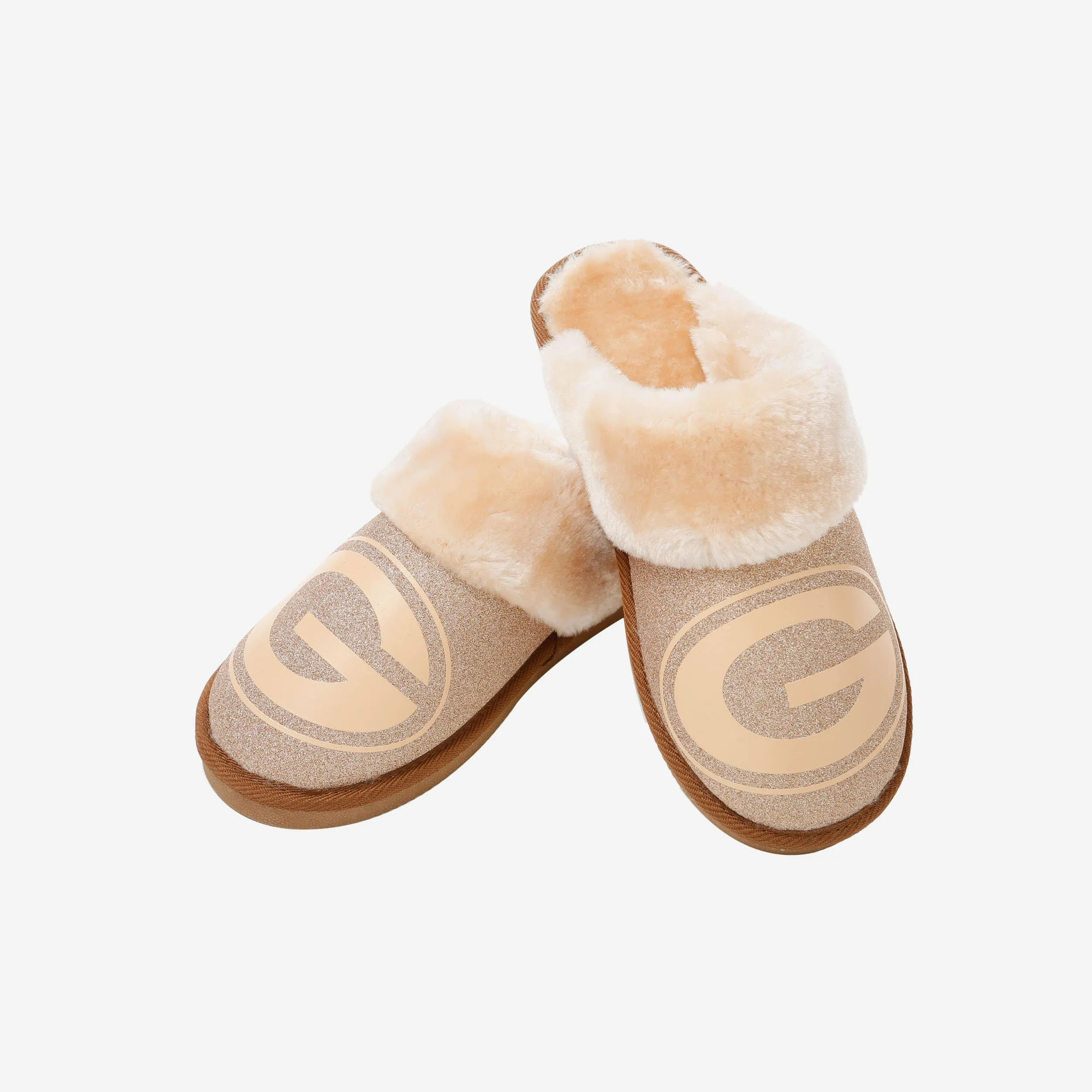 Green Bay Packers Womens Glitter Open Back Fur Moccasin Slipper