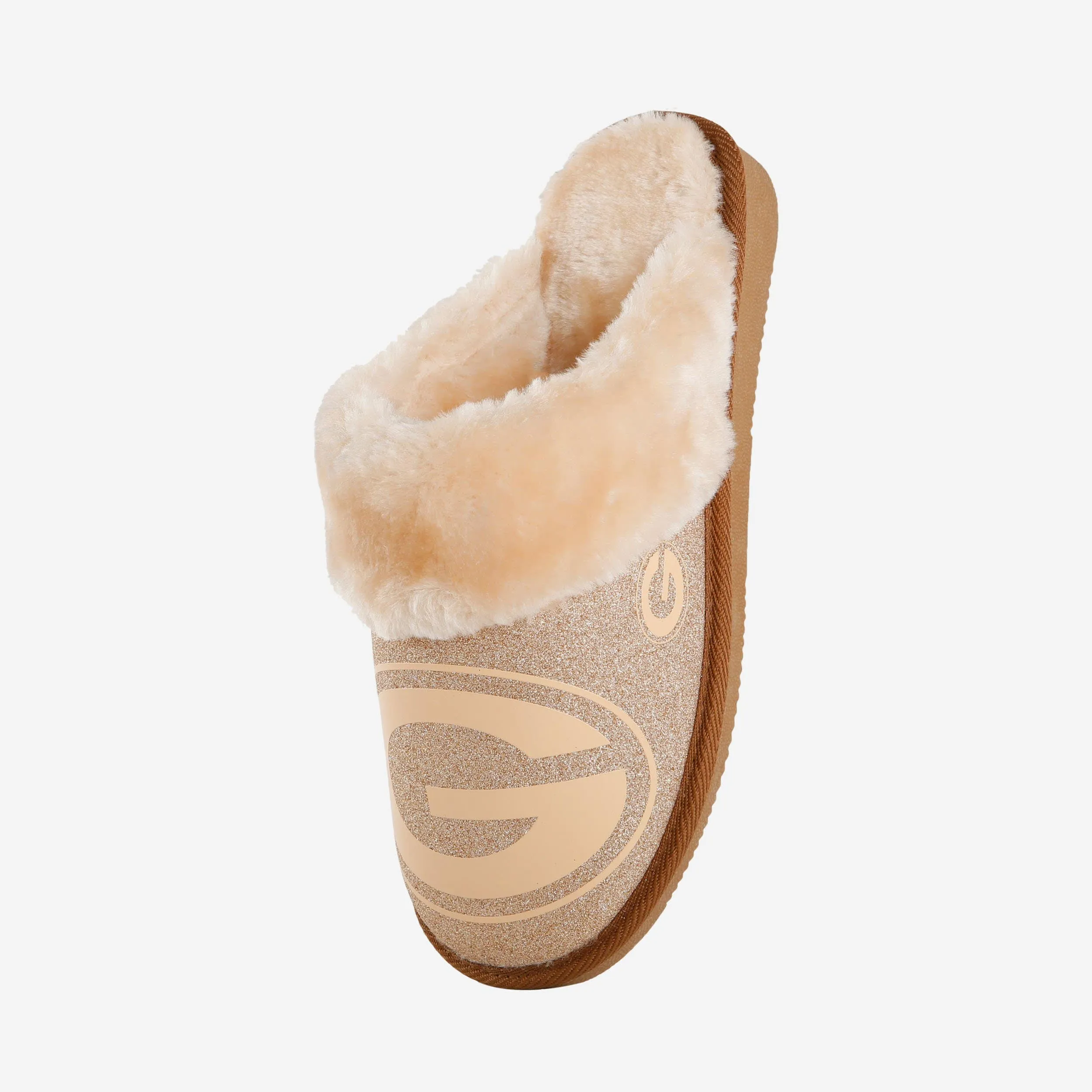 Green Bay Packers Womens Glitter Open Back Fur Moccasin Slipper