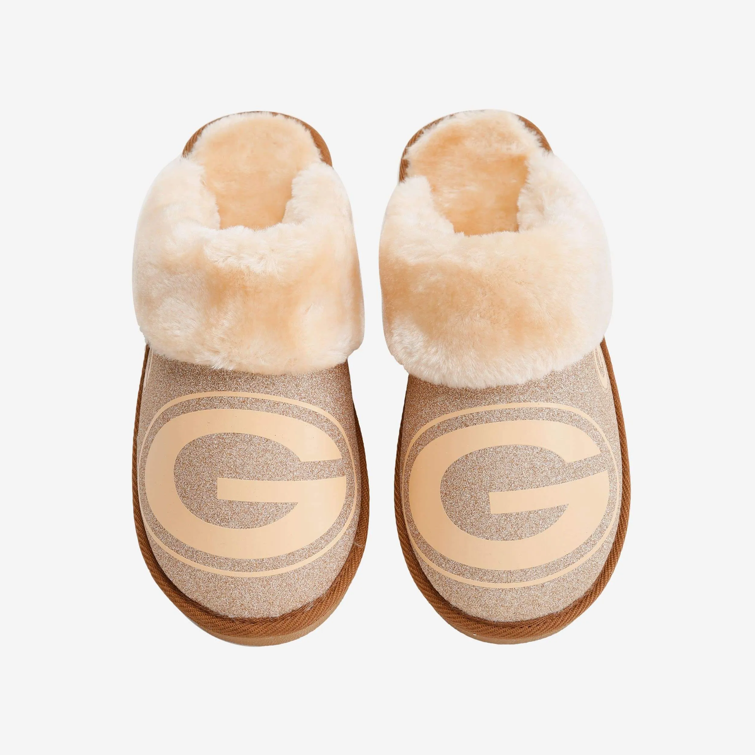 Green Bay Packers Womens Glitter Open Back Fur Moccasin Slipper