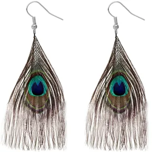 Green Brown Long Peacock Feather Earrings
