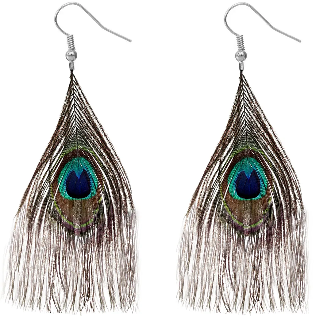 Green Brown Long Peacock Feather Earrings