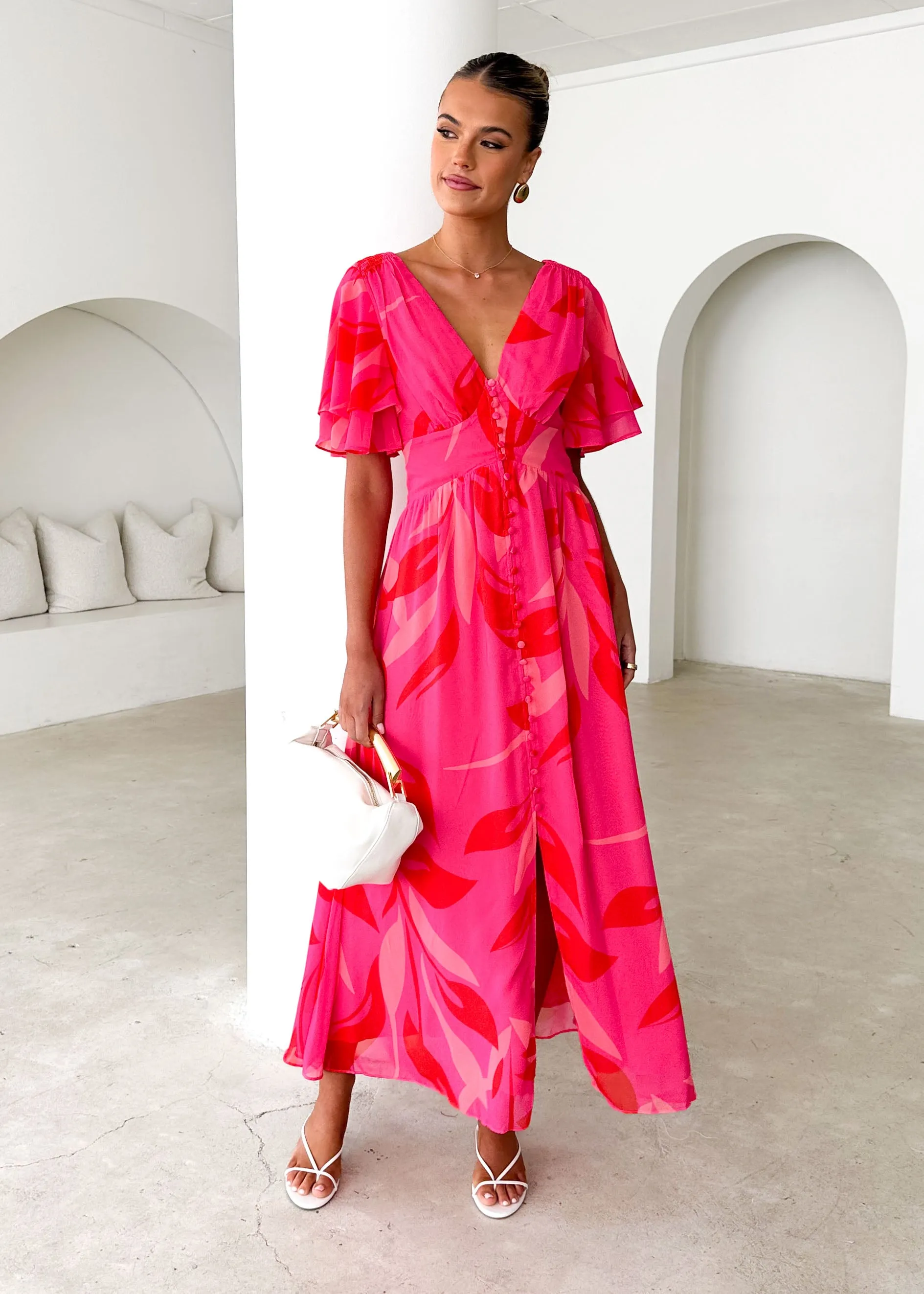 Harpa Midi Dress - Magenta Leaf