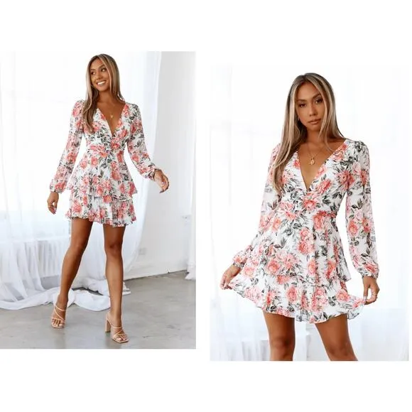 HELLO MOLLY Miami Love Dress Womens Size XS US 2 White Floral Flowy Tiered Mini