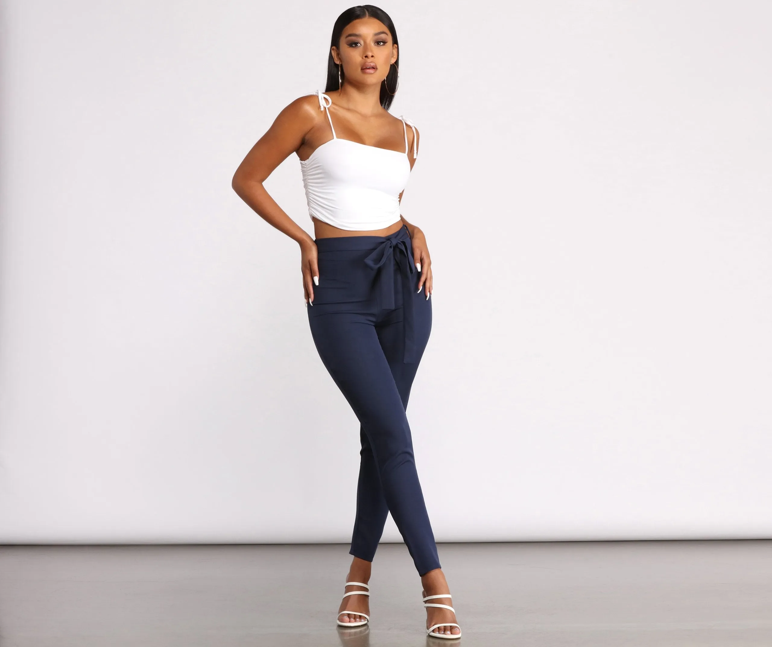 High Rise Tie Waist Tapered Pants