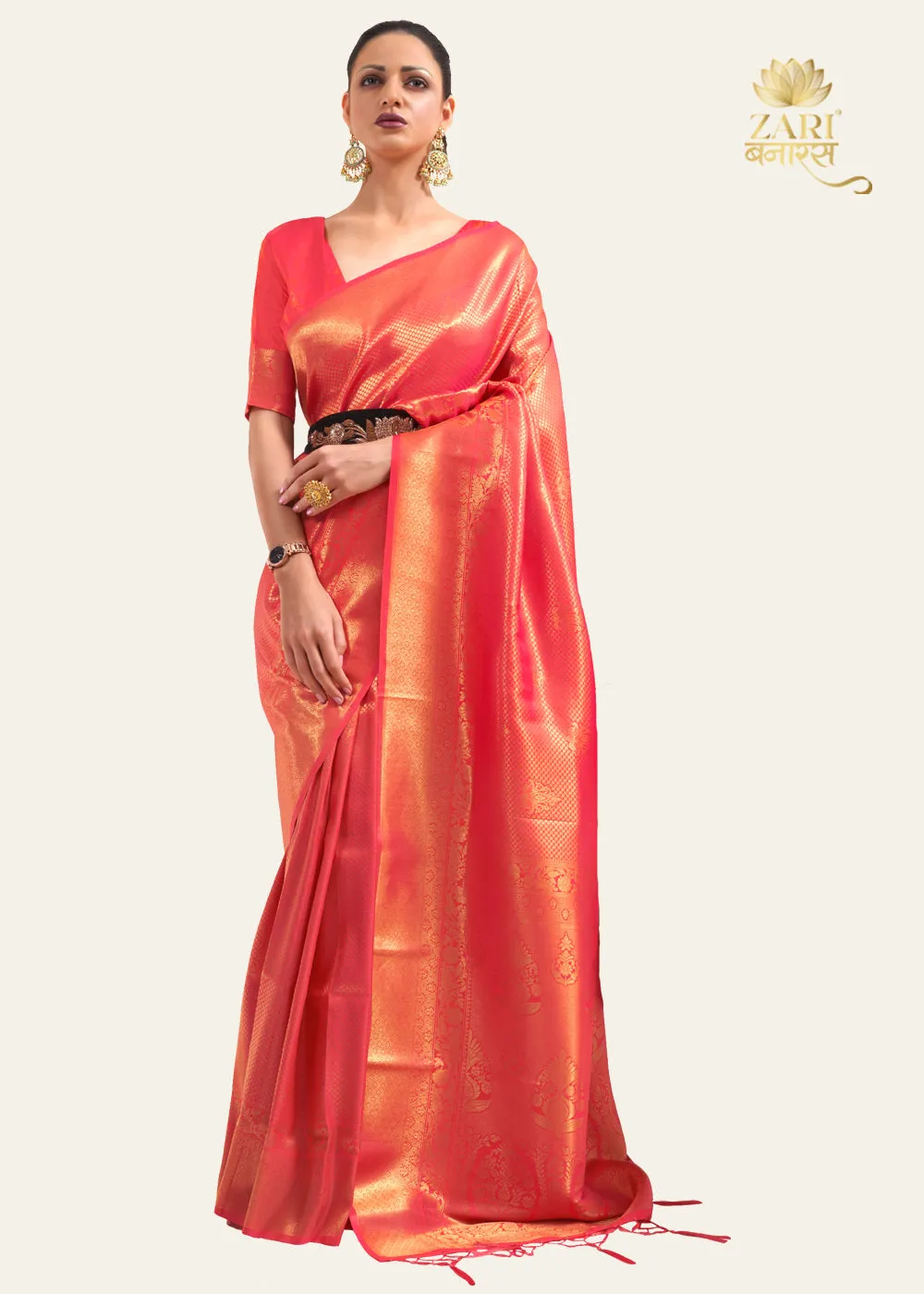 Imperial Golden Bridal Red Woven Kanjivaram Saree