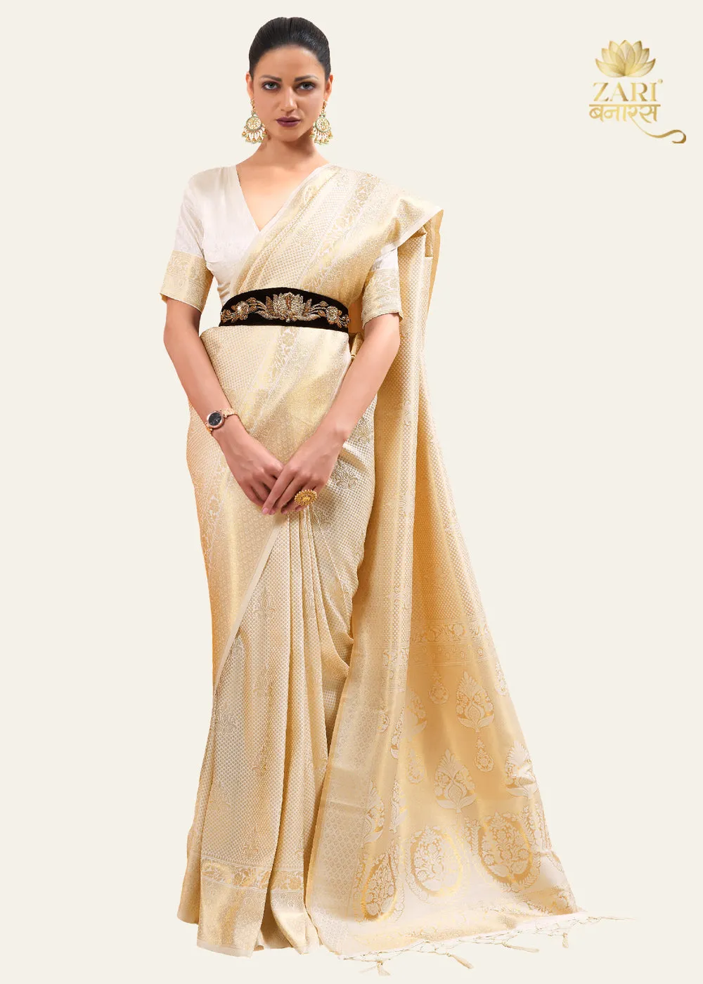 IMPERIAL GOLDEN IVORY WOVEN KANJIVARAM SAREE